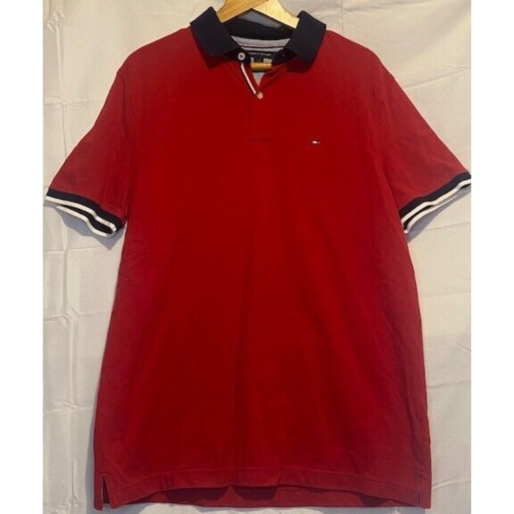 TOMMY HILFIGER Mens LARGE POLO RED SHIRT SHORT Sleeve CUSTOM FIT - Picture 1 of 4